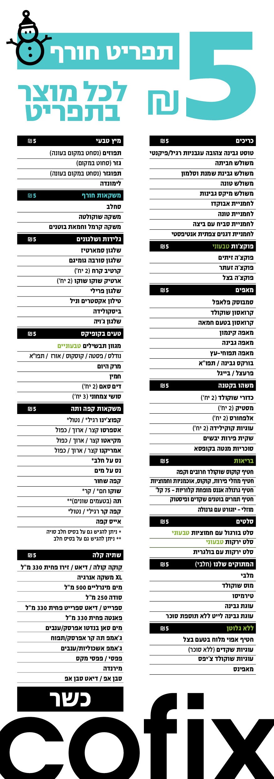 קופיקס תפריט חורף 5 שקלים לכל מוצר בתפריט כשר כריכים משולש חביתה משולש גבינת שמנת וסלמון משולש טונה משולש מיקס גבינות משולש אנטיפסטי טבעוני לחמניית אבוקדו לחמניית טונה לחמניית סביח עם ביצה לחמניית דגנים צפתית אנטיפסטי פוקצ'ות טבעוני פוקצ'ה זיתים פוקצ'ה זעתר פוקצ'ה בצל פוקצ'ה עגבניות מיובשות מאפים קרואסון שוקולד גדול קרואסון גדול מאפה קינמון גדול מאפה פילו תפוחי – עץ בורקז גבינה בורקס תפוח אדמה פרעצל – בייגל מאפינס ללא גלוטן משהו בקטנה עוגיית מקרון מסטיק 2 יחידות אלפחורס 2 יחידות עוגית קוקילידה 2 יחידות שקית פירות יבשים סוכריות מנטה בקופסא בריאות חטיף קוקוס שוקולד חרובים וקפה חטיף מוזלי פירות קוקוס אוכמניות וחמוציות חטיף גרנולה אננס מופחת קלוריות – 75 קלוריות חטיף תמרים בוטנים שקדים ופיסטוק מארז ירקות טריים מוזלי – יוגורט עם גרנולה המתוקים שלנו חלבי מלבי מוס שוקולד עוגת גבינה טירמיסו גלידות ושלגונים שלגון סורבה בוב ספוג קידס שלגון סורבה גומיגם קרטיב קרח 2 יחידות ארטיק שוקו שוקו 2 יחידות שלגון פרילי טילון אקסטרים וניל ביסקולידה שלגון ג'ויה טעים בקופיקס מגוון תבשילים טבעוניים נודלס פסטה פתיתים אורז קיש משקאות קפה ותה קפוצ'ינו רגיל ניתן להגיש גם על בסיס סויה קפוצ'ינו נטול ניתן להגיש גם על בסיס סויה אספרסו קצר אספרסו ארוך אספרסו כפול מקיאטו קצר מקיאטו ארוך מקיאטו כפול אמריקנו קצר אמריקנו ארוך אמריקנו כפול נס על חלב ניתן להגיש גם על בסיס סויה נס על מים קפה שחור שוקו חם ניתן להגיש גם על בסיס סויה שוקו קר ניתן להגיש גם על בסיס סויה תה בטעמים שונים ניתן להגיש גם על בסיס חלב קפה קר רגיל ניתן להגיש גם על בסיס סויה קפה קר נטול ניתן להגיש גם על בסיס סויה משקאות קיץ שייקים מרעננים על בסיס חלב בטעמים תות בננה שוקולד ואגוזי לוז אייס קפה אייס וניל אייס פסיפלורה מיץ טבעי תפוזים נסחט במקום בעונה גזר סחוט במקום תפוגזר נסחט במקום בעונה לימונדה שתיה קלה קוקה קולה פחית 330 מ"ל דיאט קוקה קולה פחית 330 מ"ל קוקה קולה זירו פחית 330 מ"ל XL משקה אנרגיה נביעות 500 מ"ל סודה 250 מ"ל דיאט ספרייט פחית 330 מ"ל ספרייט פחית 330 מ"ל פאנטה פחית 330 מ"ל מים סאן בנדטו אפרסק מים סאן בנדטו ענבים ג'אמפ תה קר אפרסק ג'אמפ תה קר תפוח ג'אמפ אשכוליות ג'אמפ ענבים